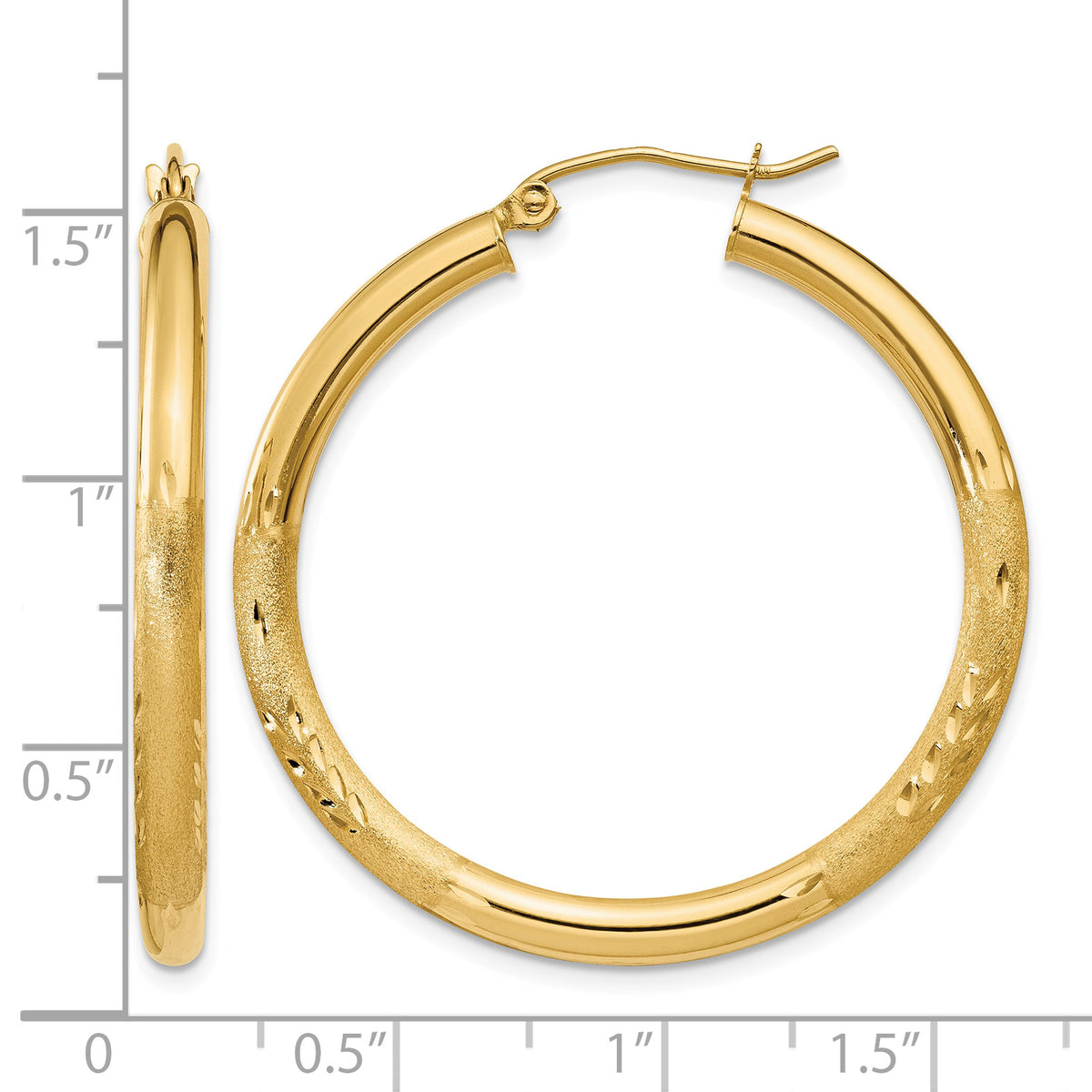 10K Yellow Gold 35mm x 3mm Diamond Cut Satin Brushed Round Hoop Earrings