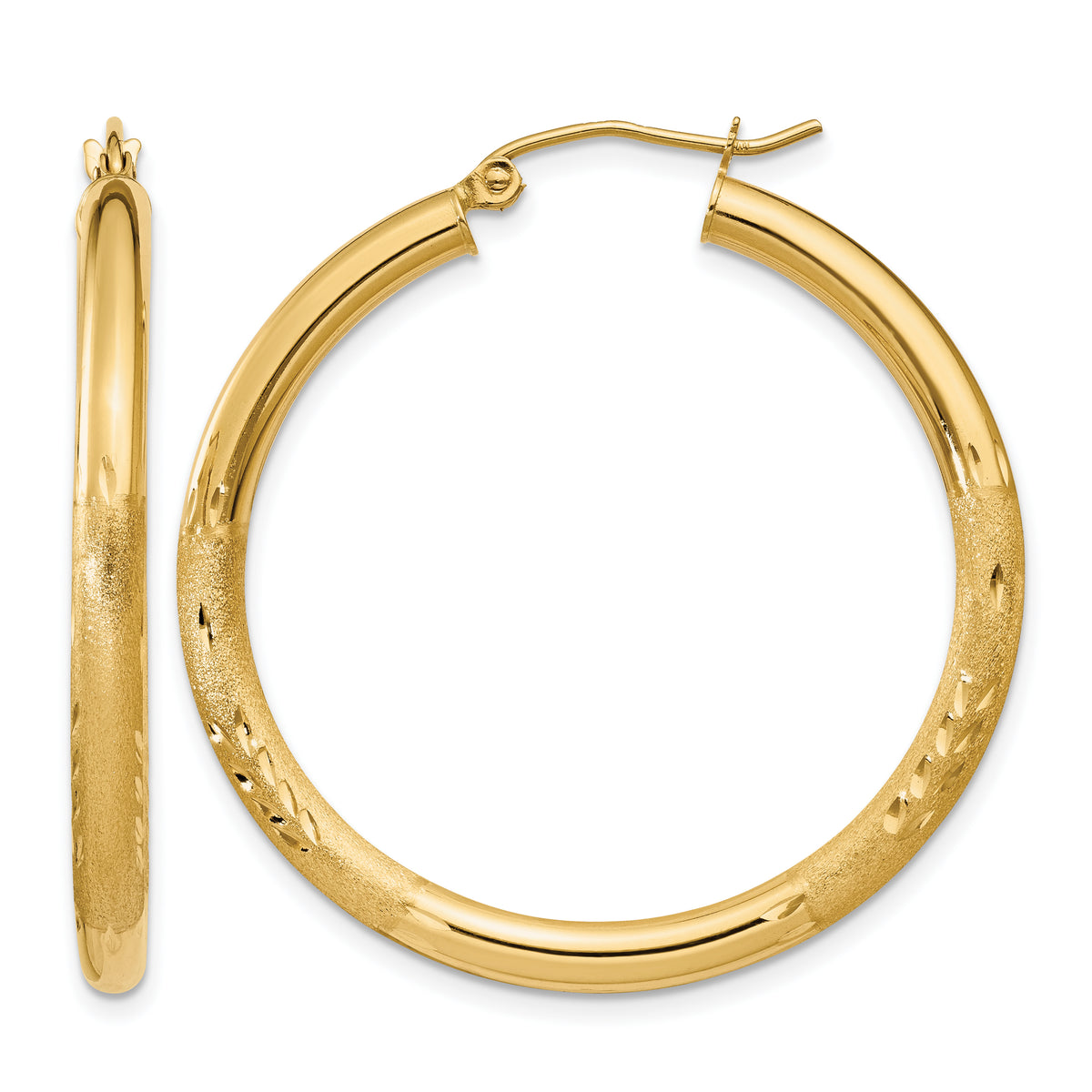 10K Yellow Gold 35mm x 3mm Diamond Cut Satin Brushed Round Hoop Earrings