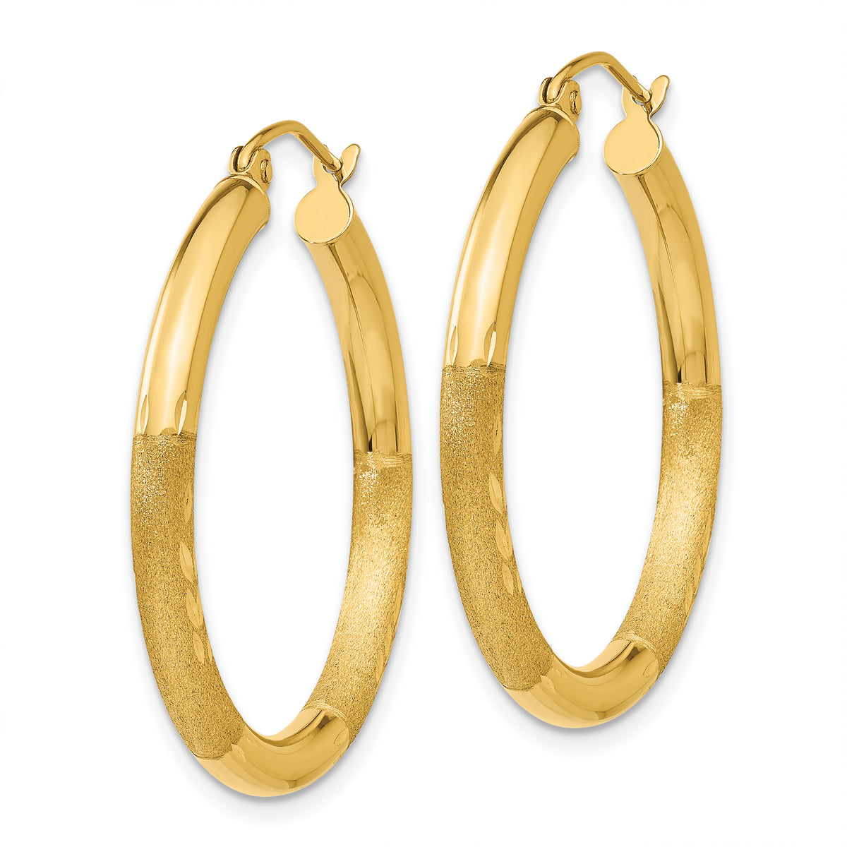 10K Yellow Gold 30mm x 3mm Diamond Cut Satin Brushed Round Hoop Earrings