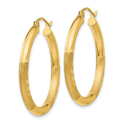 10K Yellow Gold 30mm x 3mm Diamond Cut Satin Brushed Round Hoop Earrings