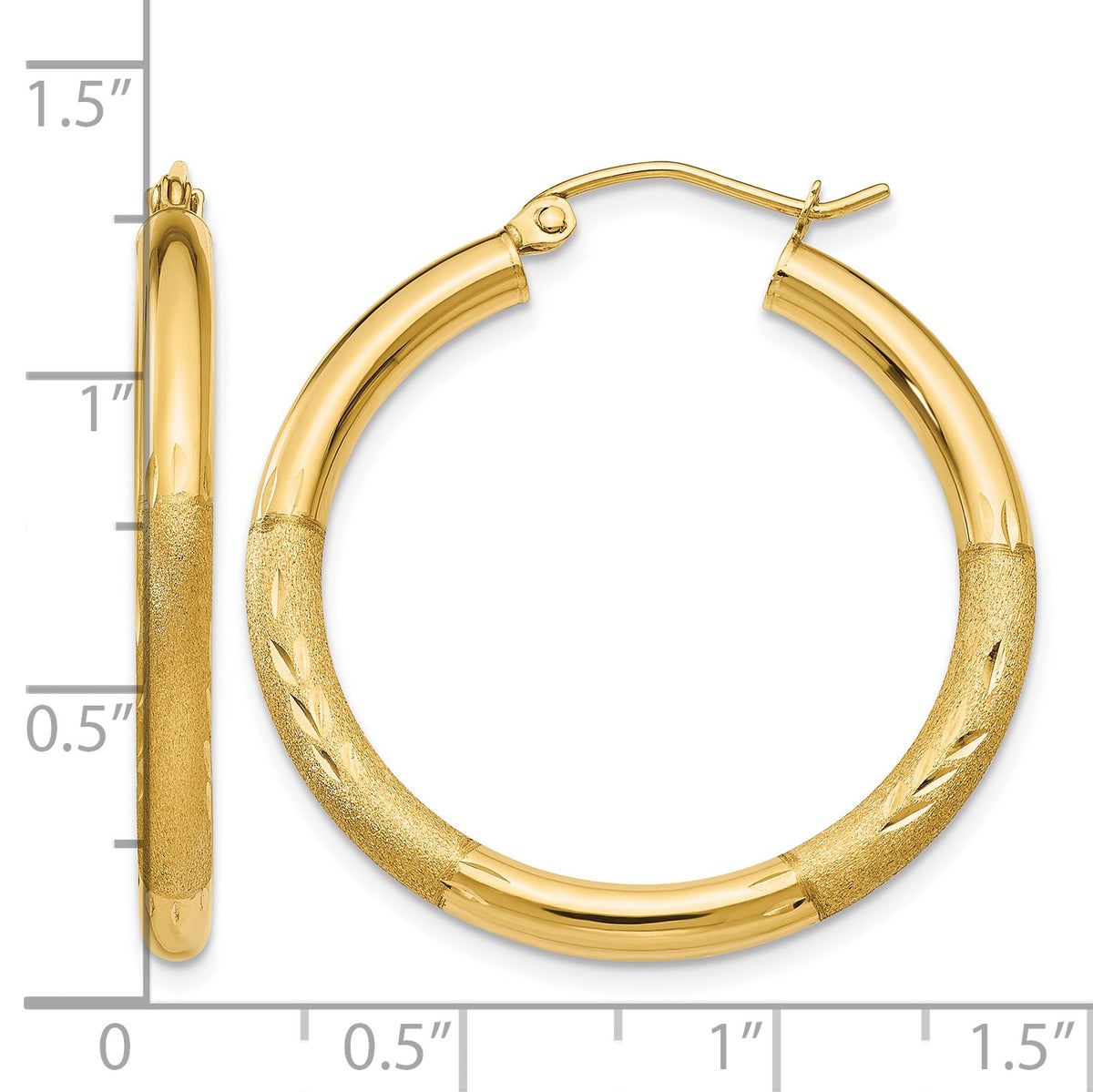 10K Yellow Gold 30mm x 3mm Diamond Cut Satin Brushed Round Hoop Earrings