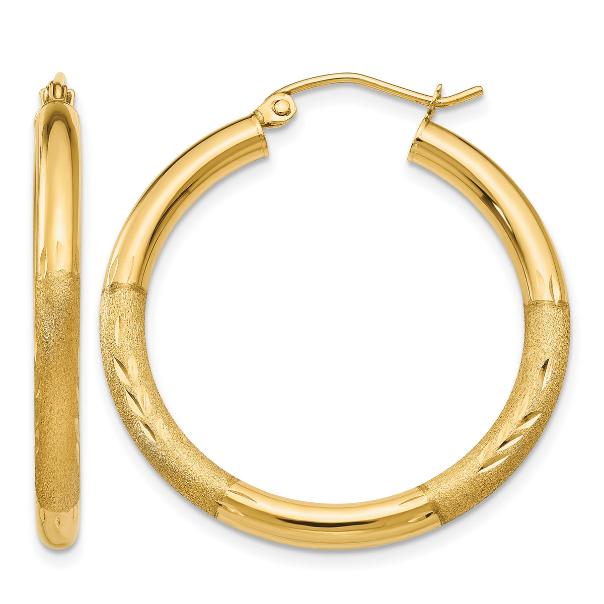 10K Yellow Gold 30mm x 3mm Diamond Cut Satin Brushed Round Hoop Earrings