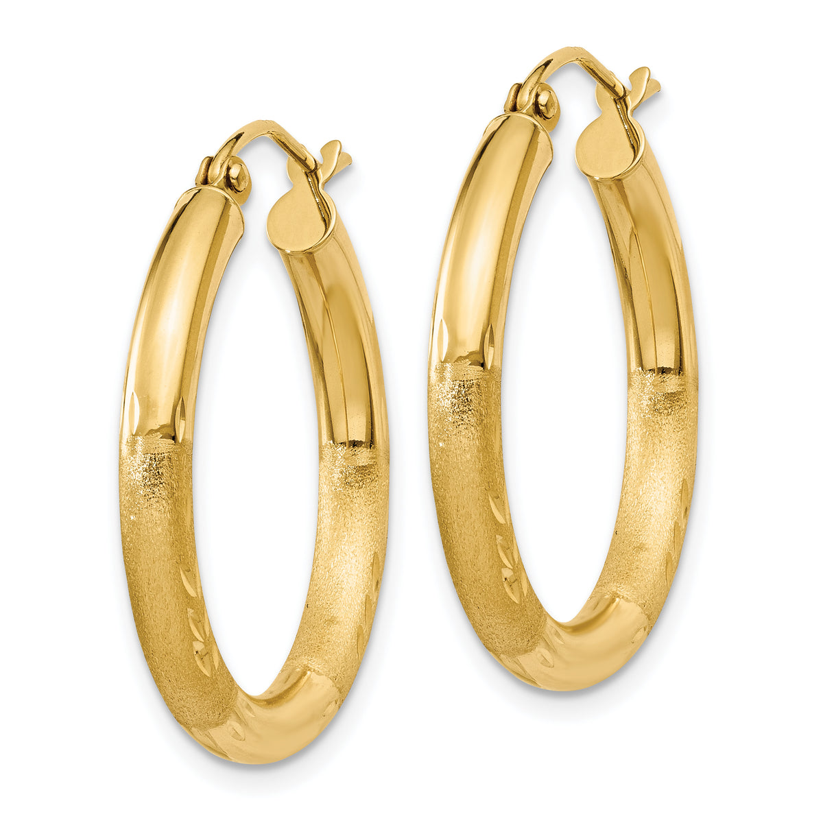 10K Yellow Gold 25mm x 3mm Diamond Cut Satin Brushed Round Hoop Earrings