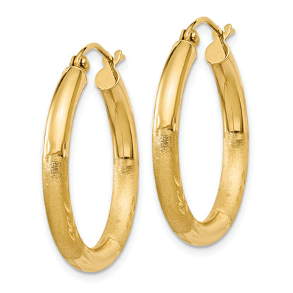 10K Yellow Gold 25mm x 3mm Diamond Cut Satin Brushed Round Hoop Earrings