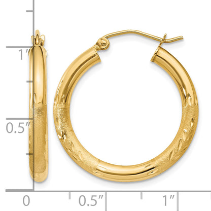 10K Yellow Gold 25mm x 3mm Diamond Cut Satin Brushed Round Hoop Earrings