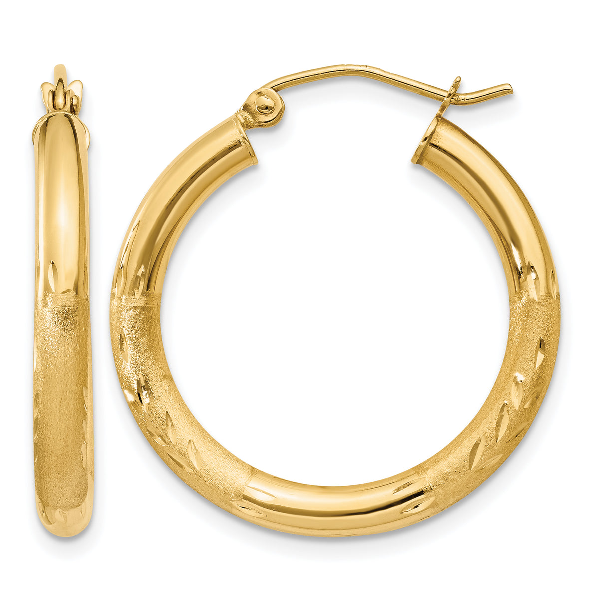 10K Yellow Gold 25mm x 3mm Diamond Cut Satin Brushed Round Hoop Earrings