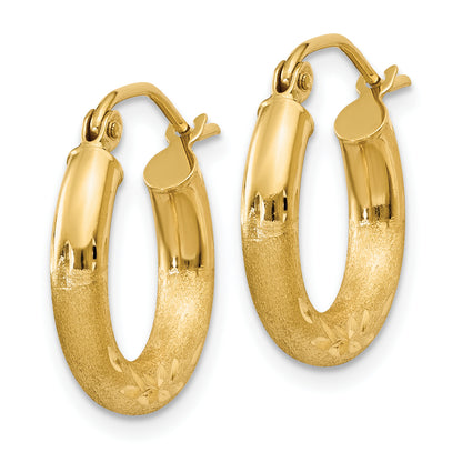 10K Yellow Gold 16mm x 3mm Satin & Diamond Cut Round Hoop Earrings