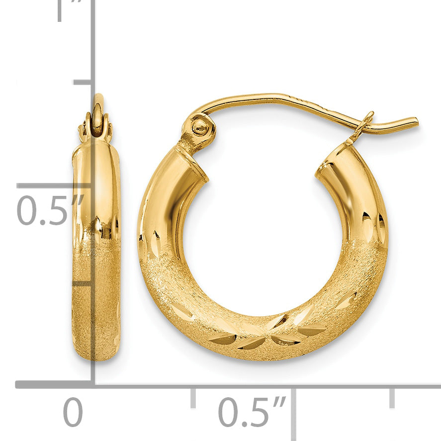 10K Yellow Gold 16mm x 3mm Satin & Diamond Cut Round Hoop Earrings