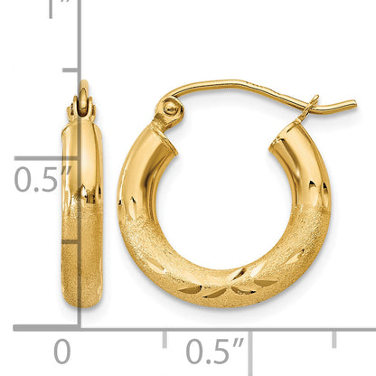 10K Yellow Gold 16mm x 3mm Satin & Diamond Cut Round Hoop Earrings