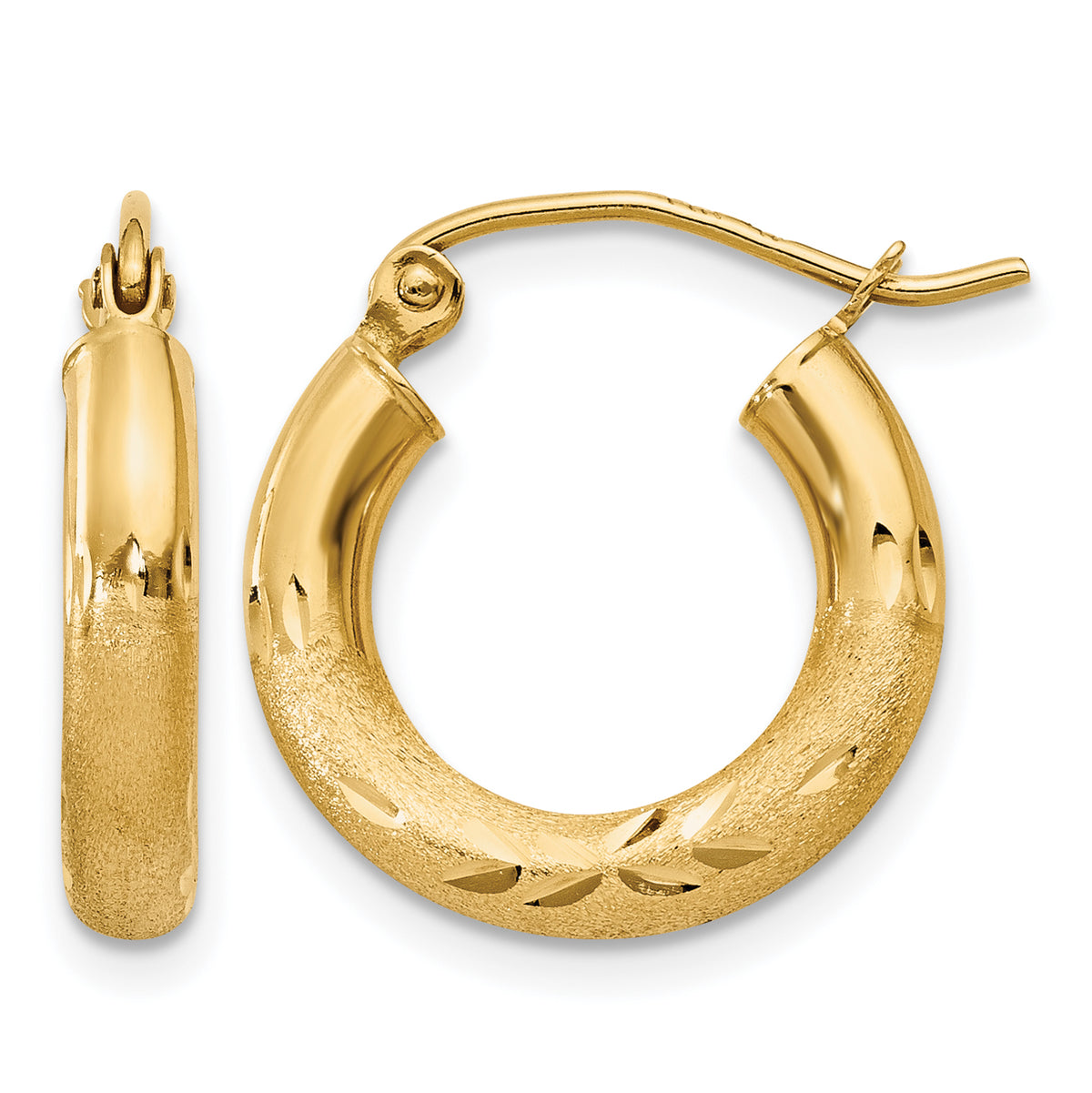 10K Yellow Gold 16mm x 3mm Satin & Diamond Cut Round Hoop Earrings
