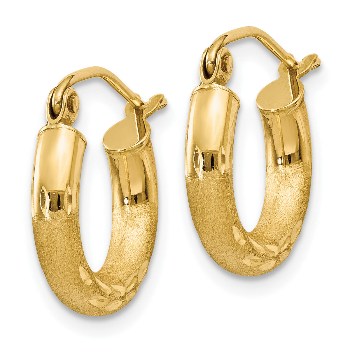 10K Yellow Gold 14mm x 3mm Satin & Diamond Cut Round Hoop Earrings