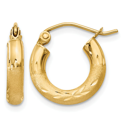 10K Yellow Gold 14mm x 3mm Satin & Diamond Cut Round Hoop Earrings