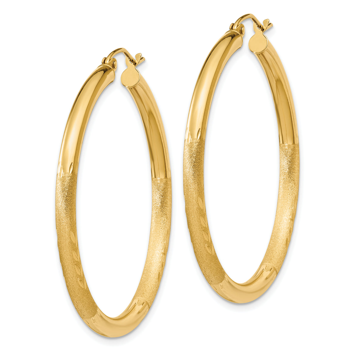 10K Yellow Gold 40mm x 3mm Diamond Cut Satin Round Hoop Earrings
