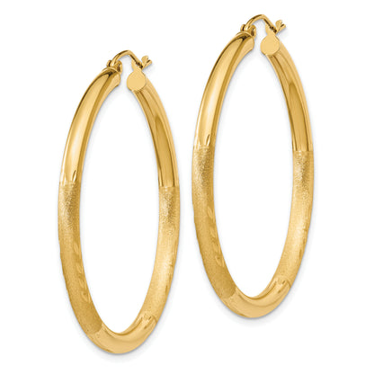 10K Yellow Gold 40mm x 3mm Diamond Cut Satin Round Hoop Earrings