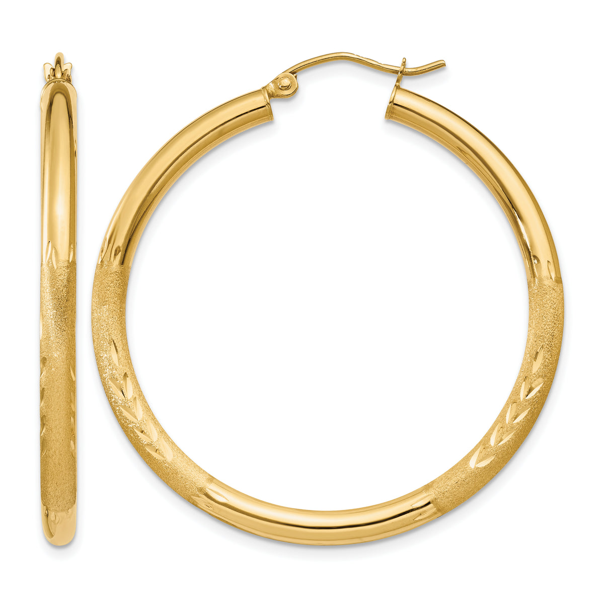 10K Yellow Gold 40mm x 3mm Diamond Cut Satin Round Hoop Earrings