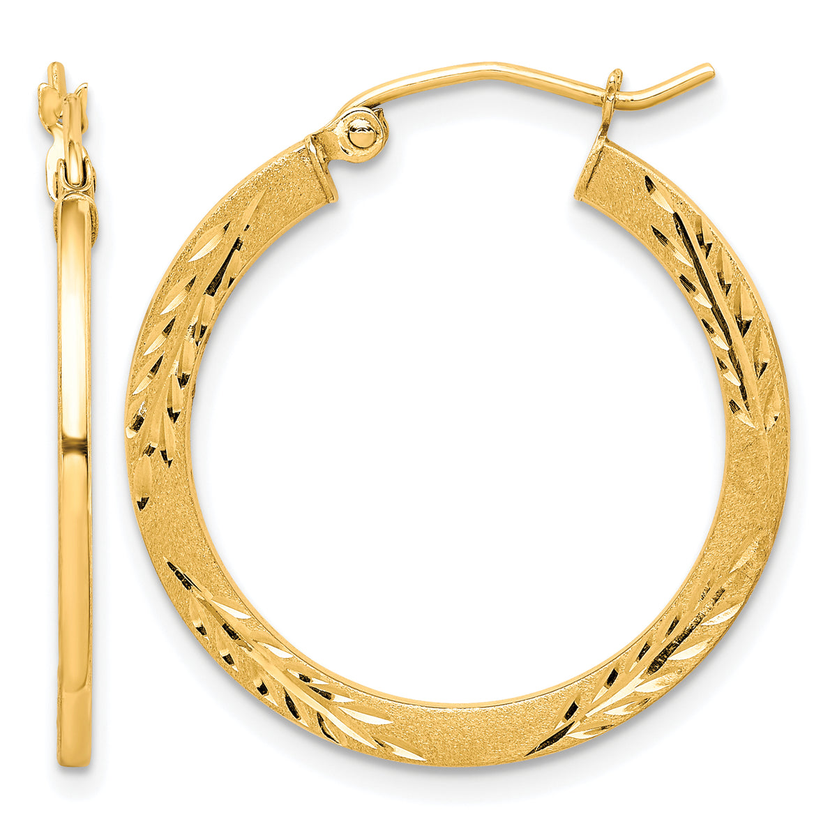 10K Yellow Gold 26mm x 1.5mm Satin Diamond Cut Round Hoop Earrings