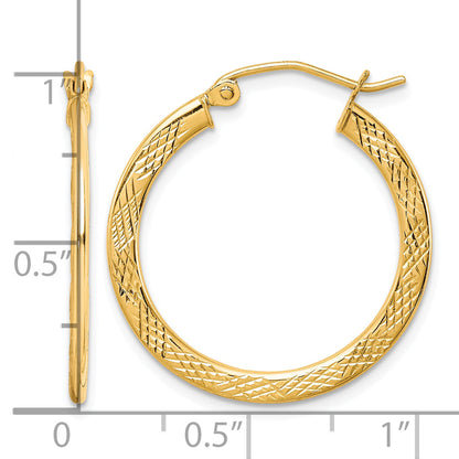 10K Yellow Gold 26mm x 1.3mm Diamond Cut Textured Round Hoop Earrings