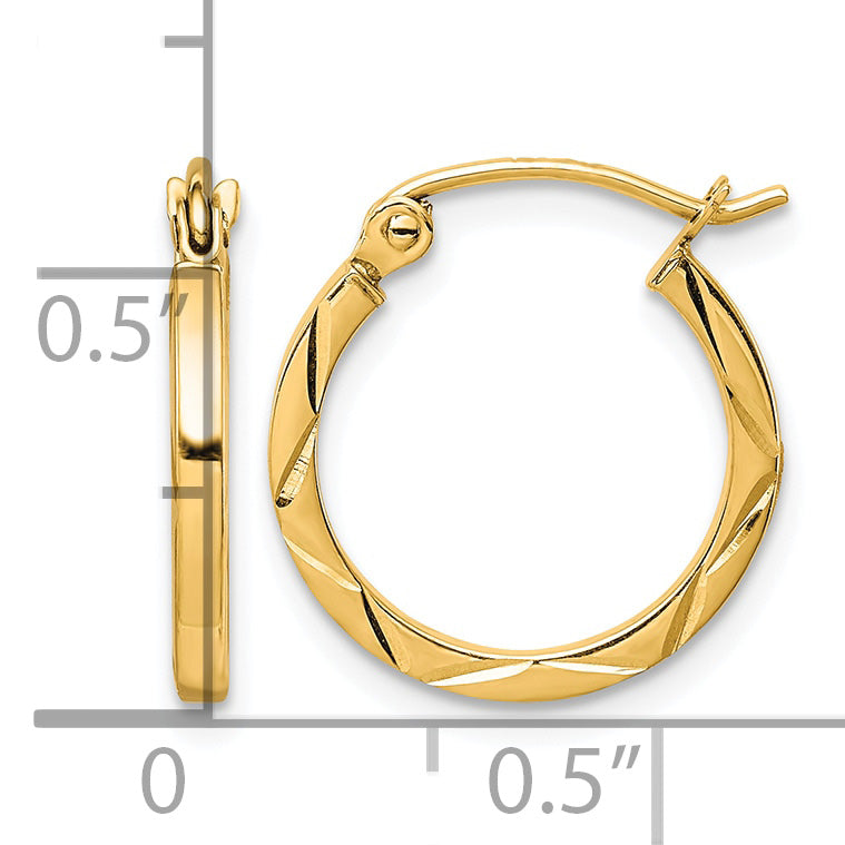 10K Yellow Gold 15mm x 1.5mm Diamond Cut Round Hoop Earrings