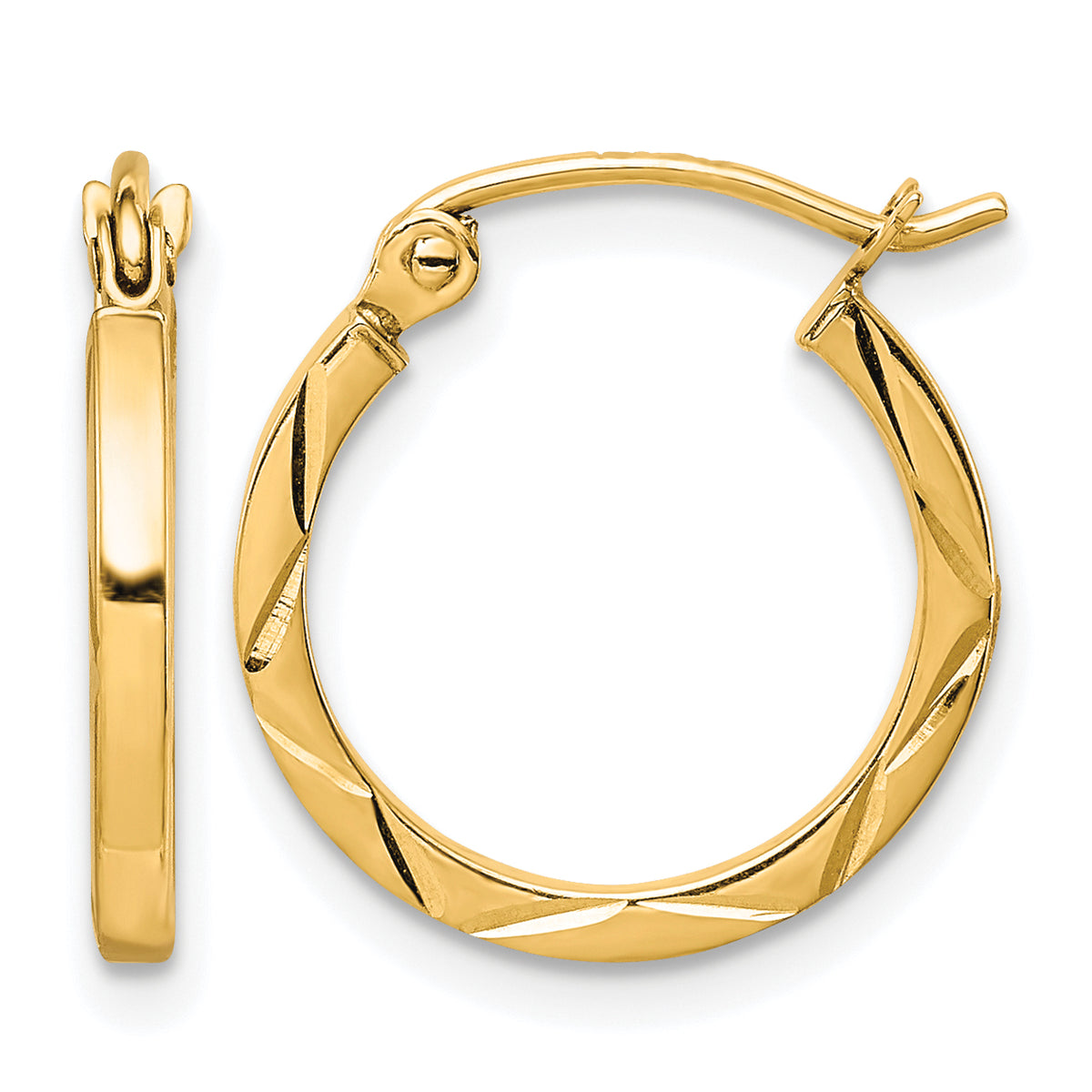 10K Yellow Gold 15mm x 1.5mm Diamond Cut Round Hoop Earrings