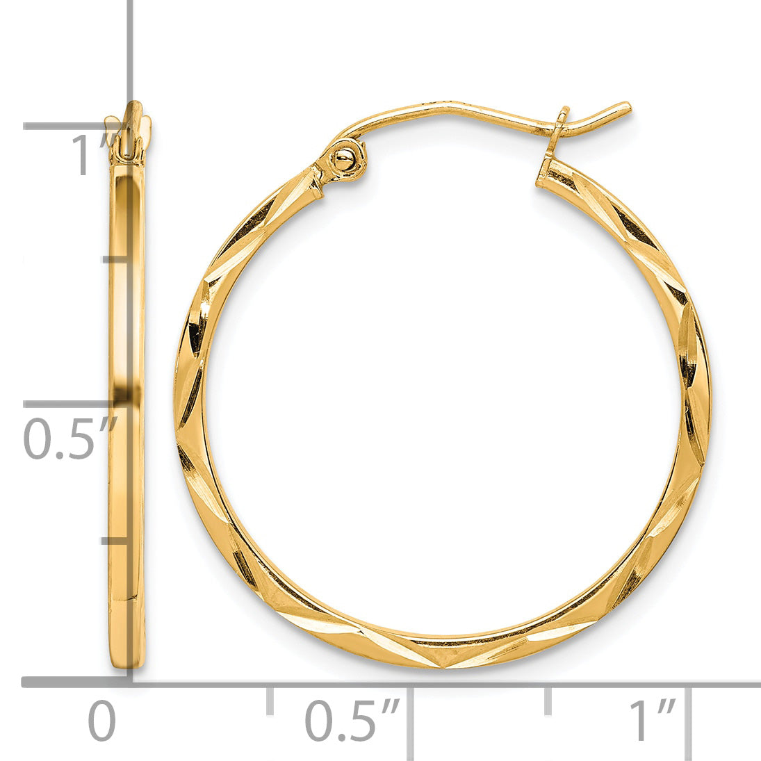 10K Yellow Gold 25mm x 1.5mm Diamond Cut Round Hoop Earrings