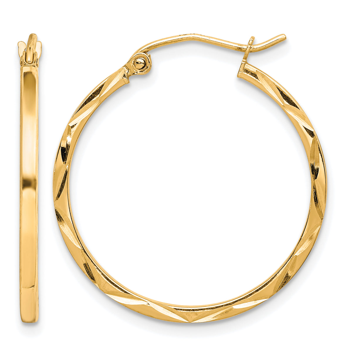 10K Yellow Gold 25mm x 1.5mm Diamond Cut Round Hoop Earrings