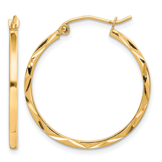 10K Yellow Gold 25mm x 1.5mm Diamond Cut Round Hoop Earrings