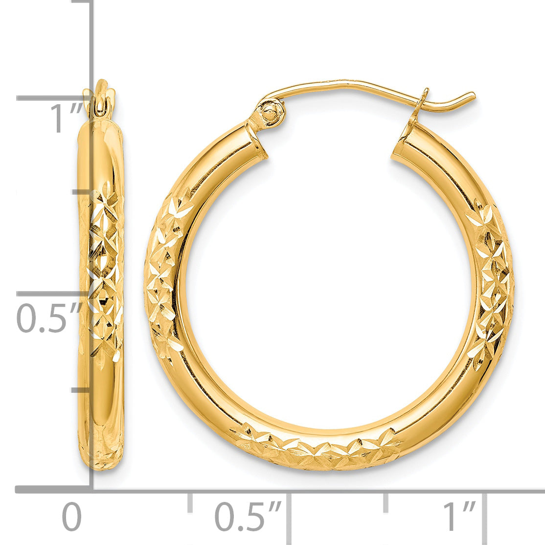 10K Yellow Gold 25mm x 3mm Diamond Cut Round Hoop Earrings