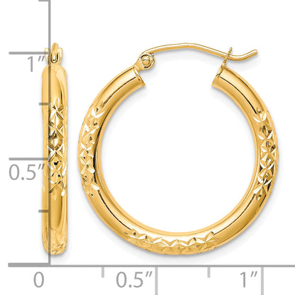 10K Yellow Gold 25mm x 3mm Diamond Cut Round Hoop Earrings