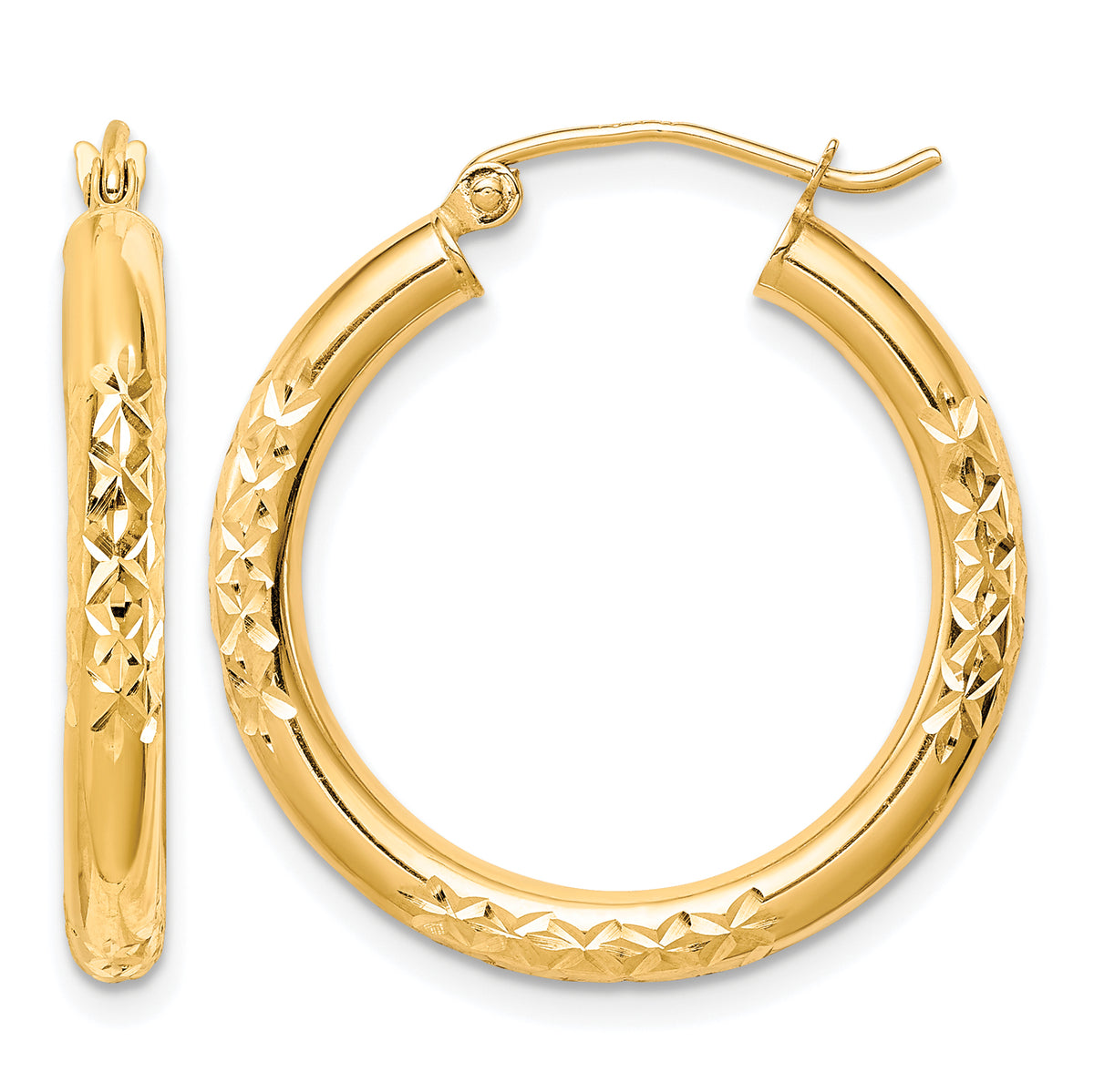 10K Yellow Gold 25mm x 3mm Diamond Cut Round Hoop Earrings
