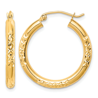 10K Yellow Gold 25mm x 3mm Diamond Cut Round Hoop Earrings