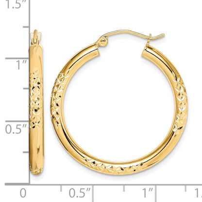 10K Yellow Gold 30mm x 3mm Diamond Cut Round Hoop Earrings