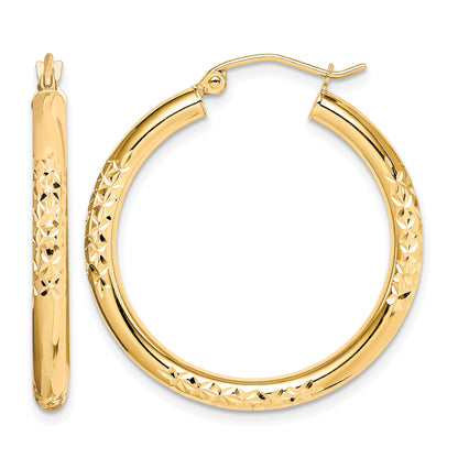 10K Yellow Gold 30mm x 3mm Diamond Cut Round Hoop Earrings