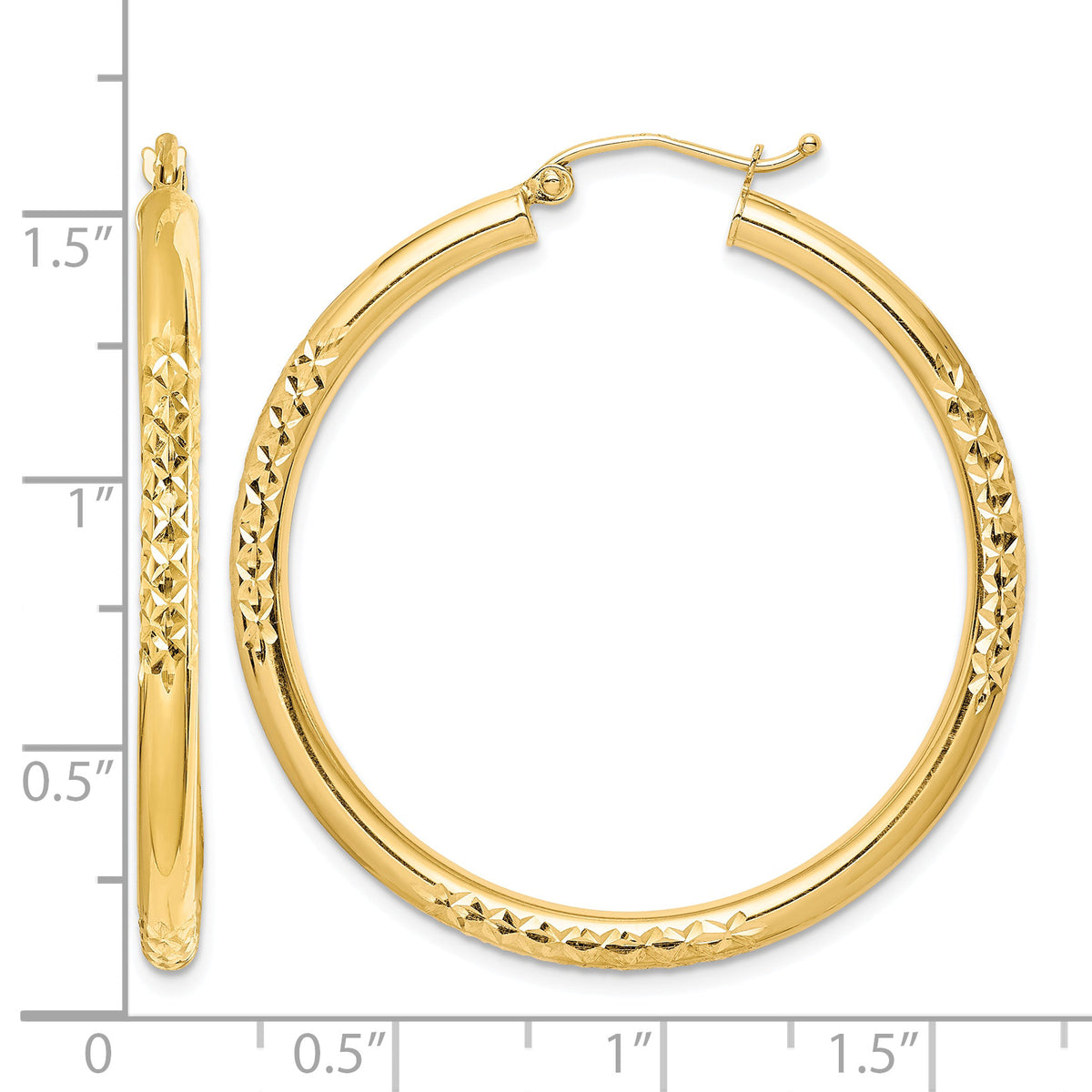 10K Yellow Gold 40mm x 3mm Diamond Cut Round Hoop Earrings