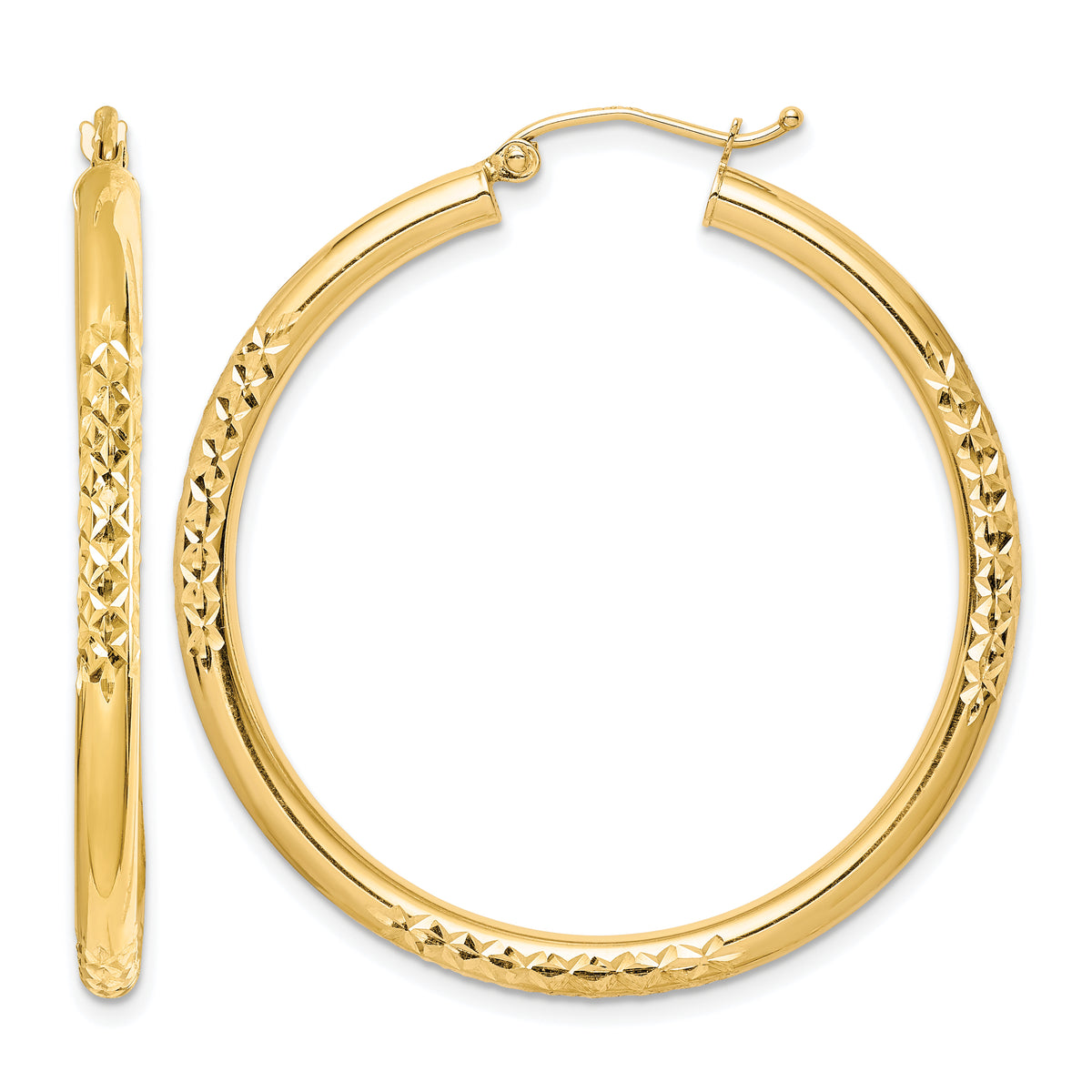 10K Yellow Gold 40mm x 3mm Diamond Cut Round Hoop Earrings