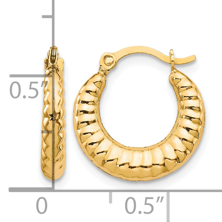 10K Yellow Gold 15mm x 2mm Scalloped Round Hoop Earrings