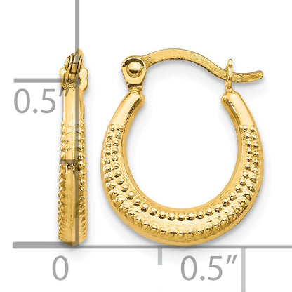 10K Yellow Gold 15mm x 3mm Scalloped Textured Round Hoop Earrings
