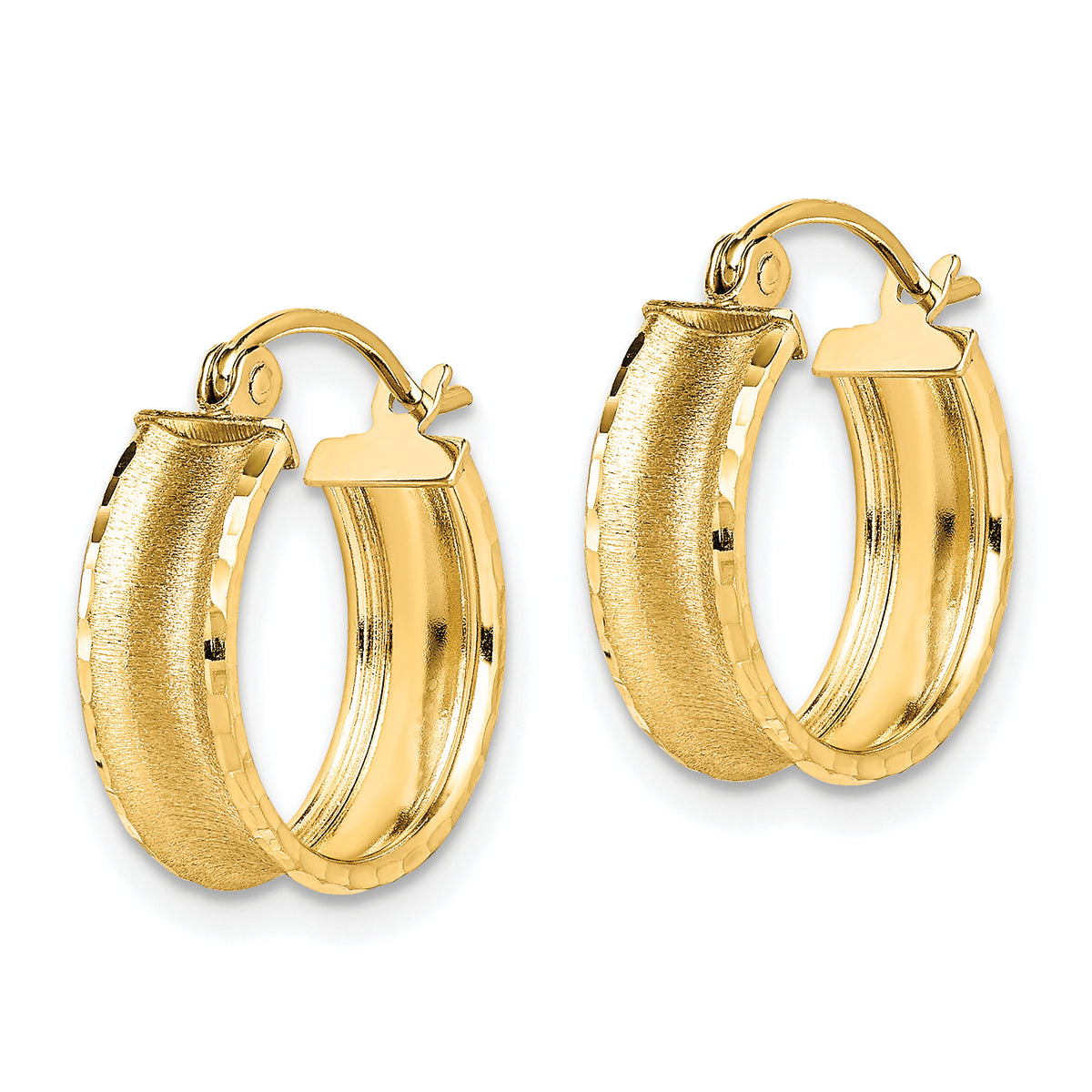 10K Yellow Gold 16mm x 5mm Diamond Cut Satin Brushed Round Hoop Earrings