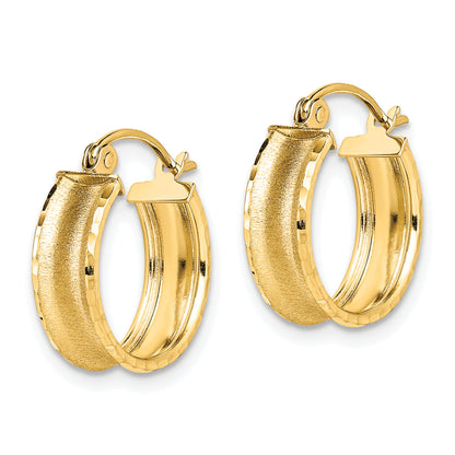 10K Yellow Gold 16mm x 5mm Diamond Cut Satin Brushed Round Hoop Earrings