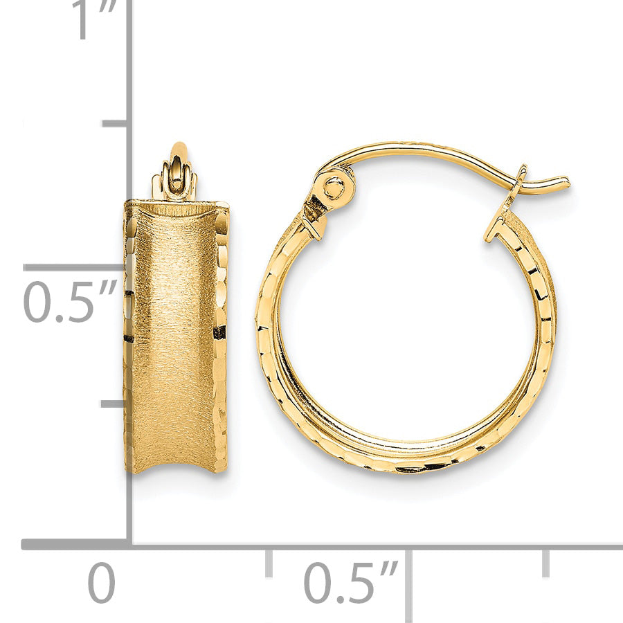 10K Yellow Gold 16mm x 5mm Diamond Cut Satin Brushed Round Hoop Earrings