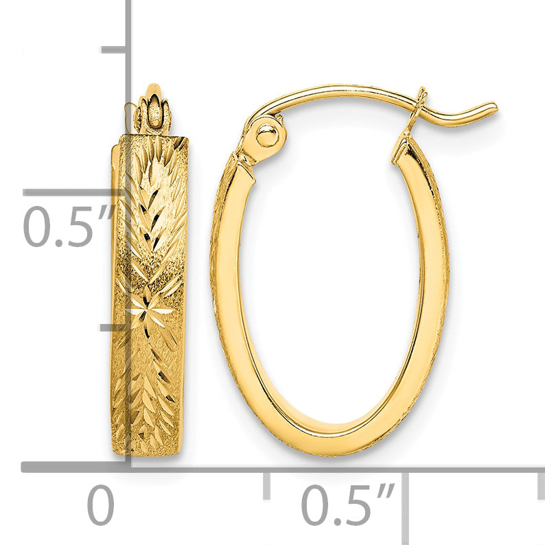 10K Yellow Gold 19mm x 13mm x 1.4mm Diamond Cut Brushed Oval Hoop Earrings