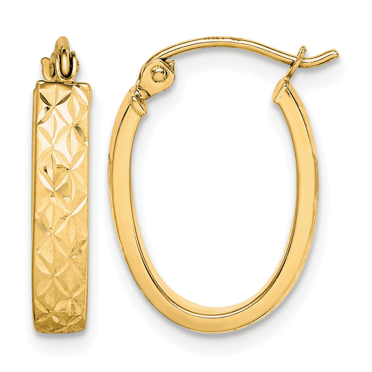10K Yellow Gold 19mm x 14mm x 1.4mm Diamond Cut Oval Hoop Earrings