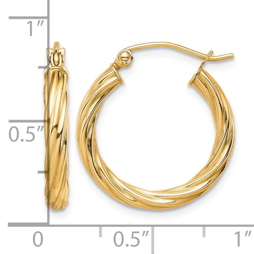 10K Yellow Gold 20mm x 3mm Twisted Round Hoop Earrings