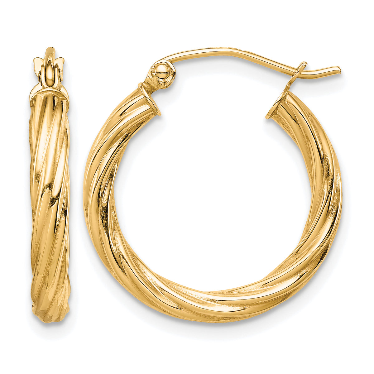 10K Yellow Gold 20mm x 3mm Twisted Round Hoop Earrings