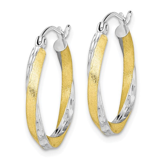 10K Yellow Gold With Rhodium 21mm x 2.5mm Diamond Cut Twisted Round Hoop Earrings