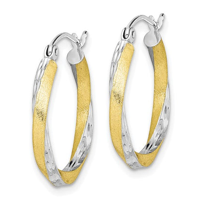 10K Yellow Gold With Rhodium 21mm x 2.5mm Diamond Cut Twisted Round Hoop Earrings