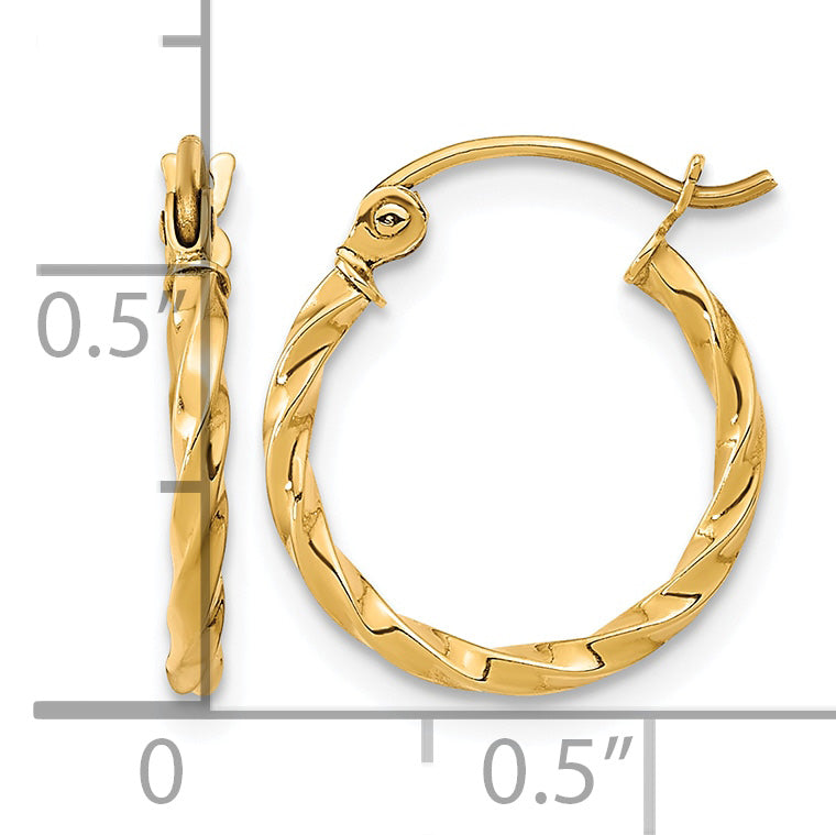 10K Yellow Gold 16mm x 2mm Twisted Round Hoop Earrings