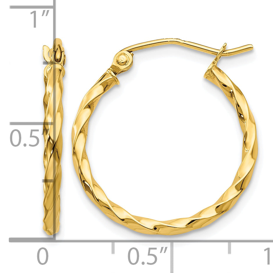 10K Yellow Gold 21mm x 2mm Twisted Round Hoop Earrings