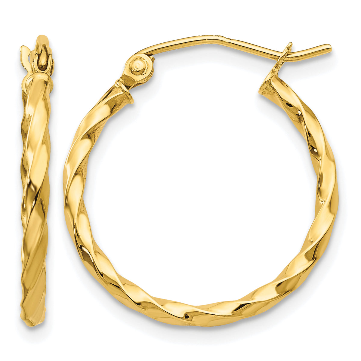 10K Yellow Gold 21mm x 2mm Twisted Round Hoop Earrings