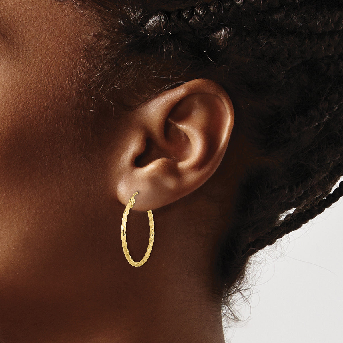 10K Yellow Gold 26.5mm x 2mm Twisted Round Hoop Earrings