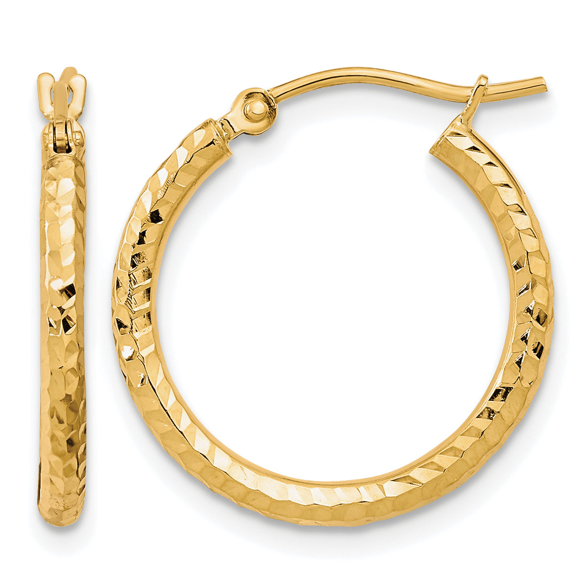 10K Yellow Gold Diamond Cut Round Hoop Earrings 20mm x 2mm